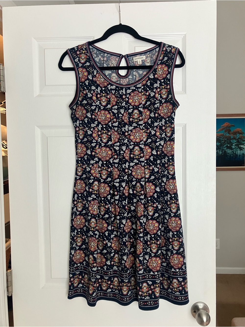 Max Studio Navy Sleeveless Floral Medallion Mini Dress